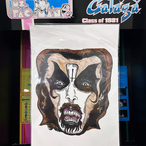 Drawing of King Diamonds face with black and black and white makeup and his classic upside down cross in the middle of his forehead